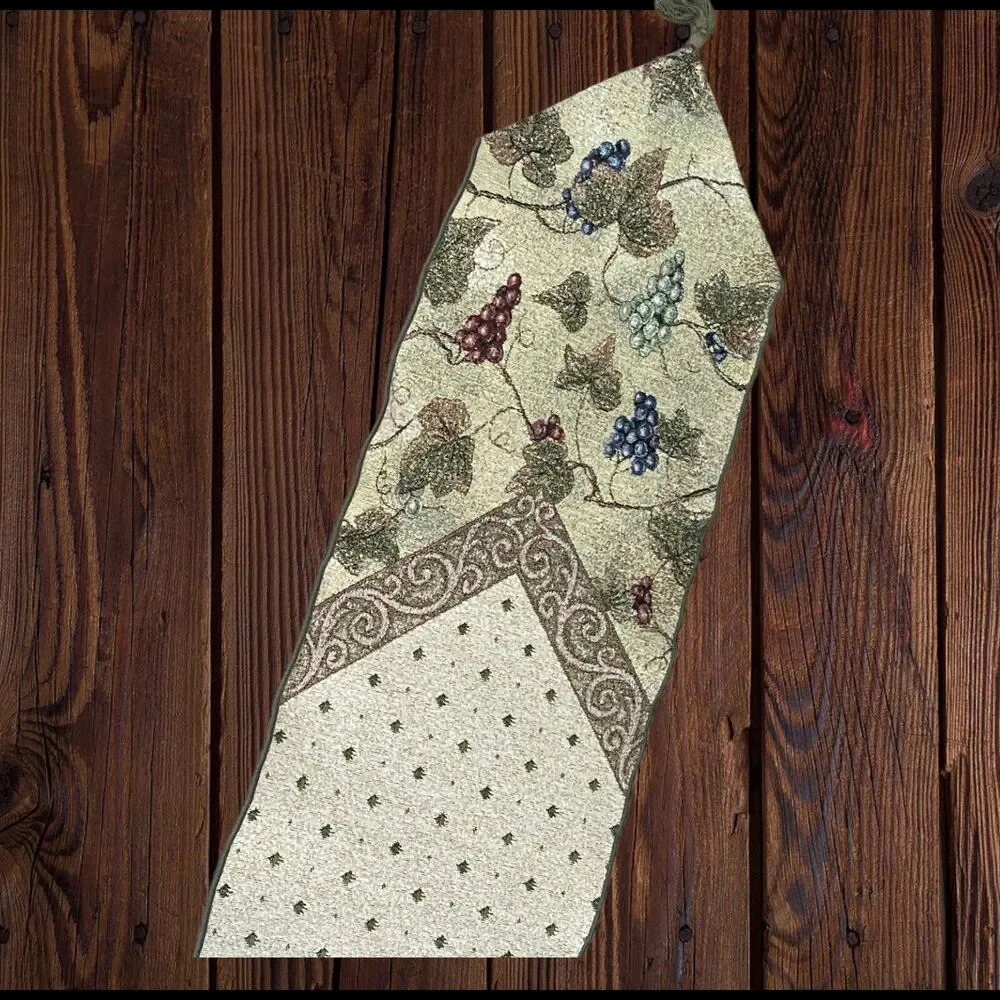 Winery Fruit Print Green Table Runner Heavy Woven Tassel 72” x 12.5” Granny Core